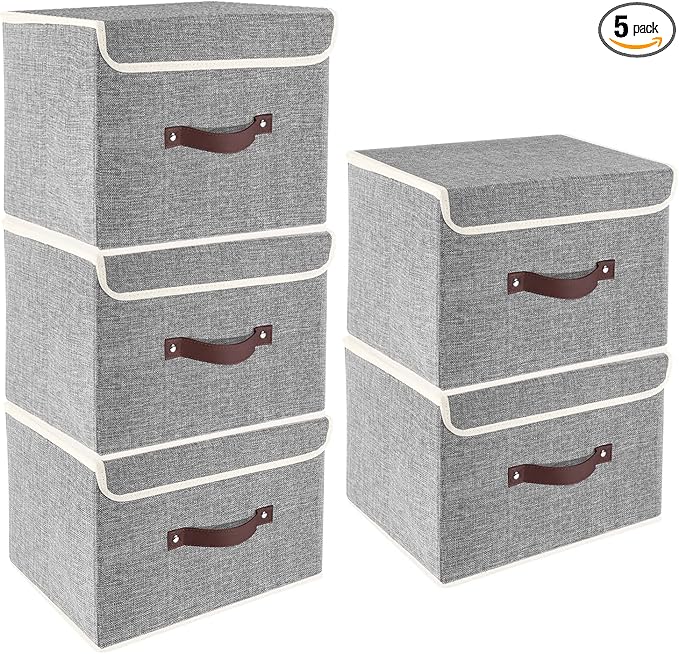 TYEERS Foldable Storage Boxes with Lids 5 Pack Fabric Storage Bins with Lids, Closet Organizers for Clothes Storage, Room Organization, Office Storage, Toys - Gray