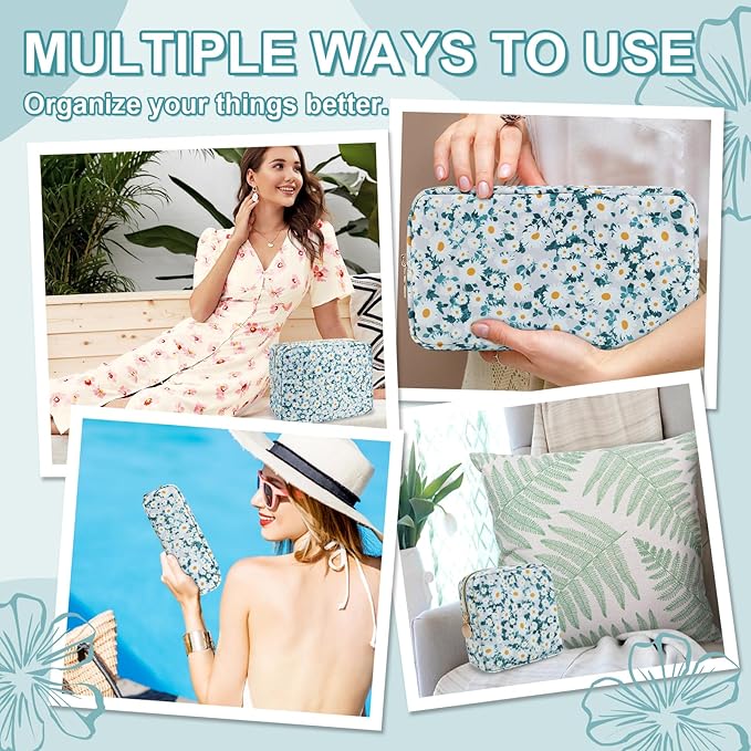 UIXIZQ Waterproof Mini Floral Makeup Bag Pouch for Purse,Nylon Flower Cosmetic Travel Bag Small Preppy Toiletry Organizers Bag for Women Girl,Cute Zipper Pouch Coin Purse for Work(Mini Green-Daisy)