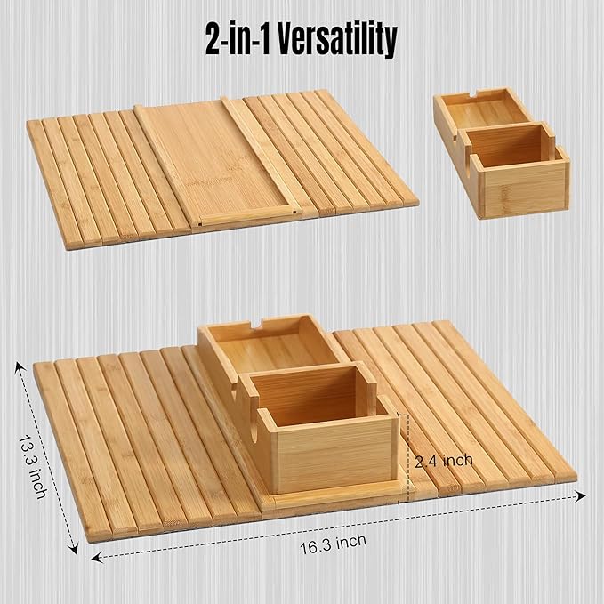 Adjustable Bamboo Couch Cup Holder (Fits 4.5” to 14” Arms) - Foldable Non-Slip Bamboo Sofa Armrest Tray - Detachable Sofa Arm Tray Couch Caddy with Cup Holder for Drinks, Phone, Remote, Snacks