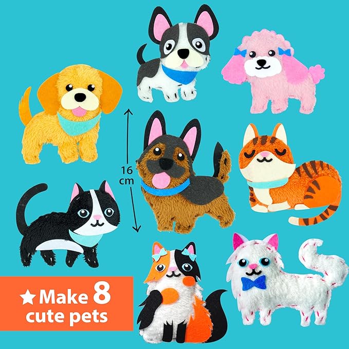 KRAFUN Easy Sewing Kit for Beginner Kids Arts & Crafts, 8 Easy DIY Projects of Stuffed Animal Dolls of Puppies & Kittens, Dogs and Cats, Instructions & Felt, Gift for Girls, Boys, Learn to Sew
