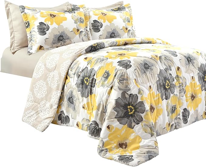 Lush Decor Leah Reversible Comforter Set, 6 Piece Set, Full/Queen, Yellow & Gray- Watercolor Botanical Comforter Queen Size-Farmhouse Florals Bedding Decor
