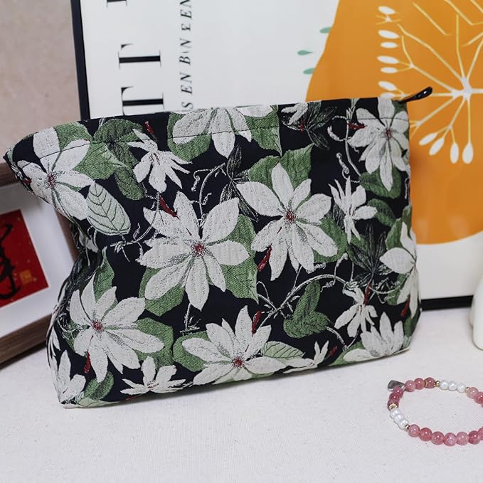 HAPPYHEIDI Large Black Embroidery Floral Makeup Bag Cosmetic Toiletries Travel Pouch, Canvas Lined, Purse Organizer, White Green Flowers
