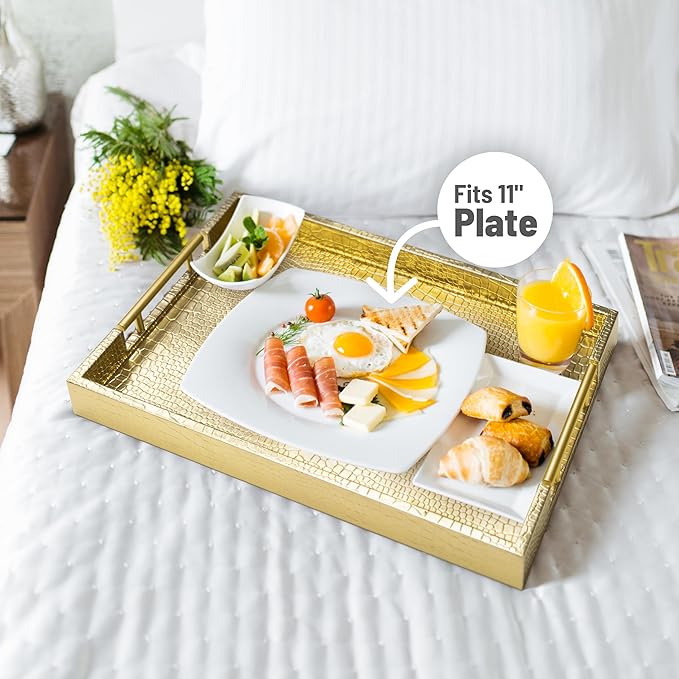 ATZYmolin 17" x 12" Wood Serving Tray with Gold Polished Metal Handles, Home Decorative Wooden Rectangle Ottoman Leather Decor Platter Bathroom Vanity Tray for All Occasions Alligator Gold