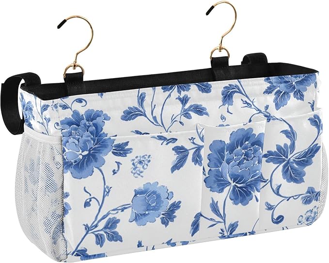 Flowers Blue and White Pattern Bedside Caddy for Dorm Bed Bedside Hanging Caddy Bag Iron Frame Storage Organizer Pocket for Bunk Home College Hospital Beds 2 Hooks