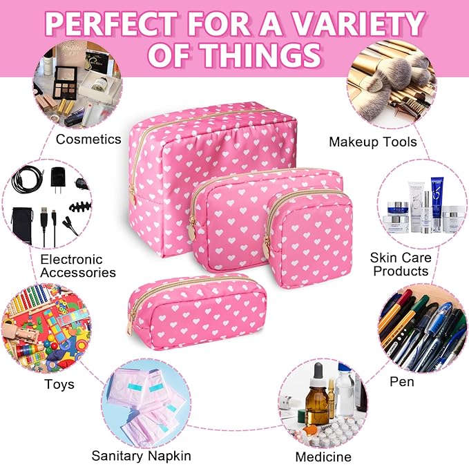 UIXIZQ Small Makeup Pouch for Purse，Nylon Travel Toiletry Storage Cute Preppy Cosmetic Bag for Women Girls，Waterproof Makeup Organizer Pouch Skincare Purse with Zipper (Small-Pink Heart)