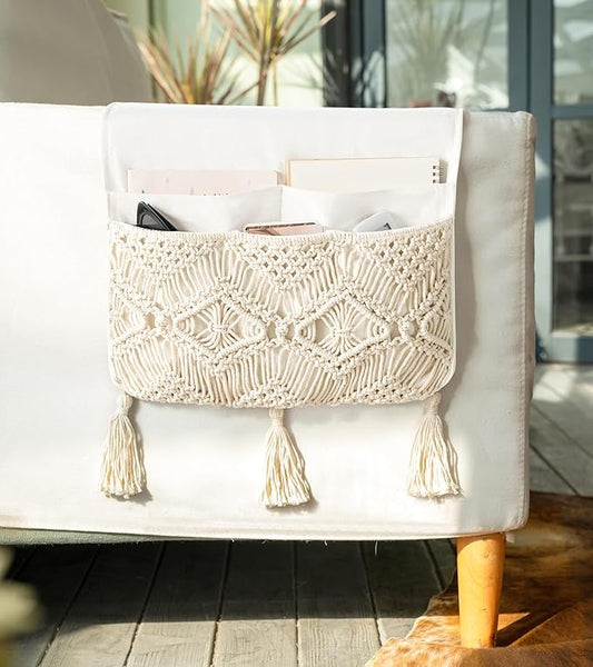 Mkono Macrame Couch Organizer Remote Control Caddy Sofa Armrest Armchair Bedside Storage Holder Bag for TV Remote, Magazine, Books, Cell Phone, iPad, Boho Living Room Home Dorm Decor, Beige, Large