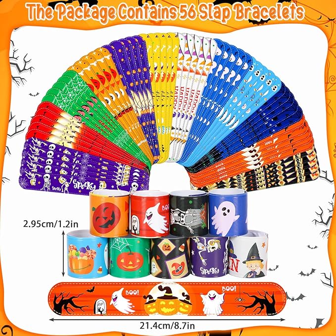JUNEBRUSHS 56 Pack Halloween Slap Bracelets for Halloween Slap Bands Wristband Halloween Party Favors Snap Bracelets Bulk for Birthday Gifts Toys Party Bag Fillers