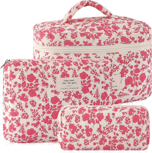 URSKYTOUS 3Pcs Cotton Quilted Makeup Bag for Women Large Small Travel Cosmetic Bag Set Cute Pink Floral Print Makeup Pouch for Purse Portable Skincare Bags Coquette Vintage Puffy Travel Essential