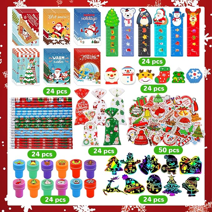 Bluegogo 218Pcs Christmas Party Favors for Kids, Christmas School Stationery Set Christmas Goodie Bags Christmas Toys Bulk Classroom Prizes Christmas Stationery Kit for Party Gift Fillers