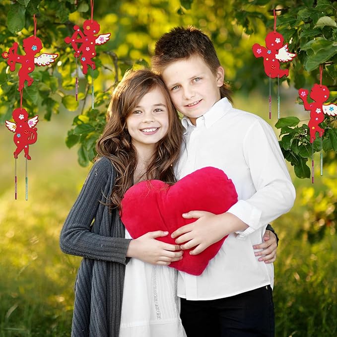 Fennoral 12 Pack Valentine's Day Wind Chime Kit for Kids Make You Own Valentines Day Hanging Wind Chimes DIY Coloring Wooden Ornaments for Kids Art and Craft Valentine's Day Gifts Party Decoration