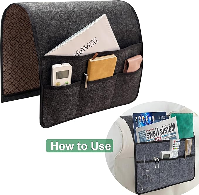 Sofa Armrest Caddy, Armchair Caddy for Recliner, Couch Organizer, Bedside Organizer, Remote Holder with Silicone Non-slip Design,4 Pockets for Magazine, Notepad,Phone, Ipad, Glasses (Black)