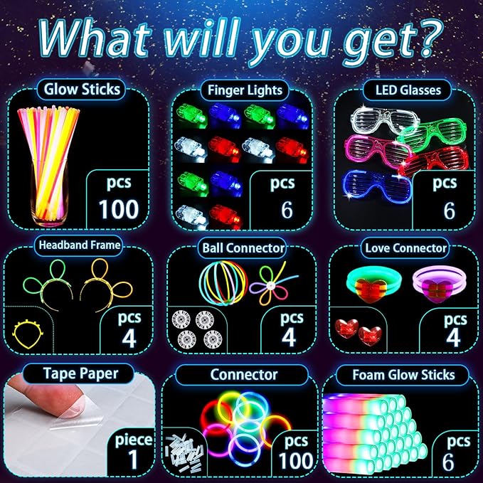 131 Pcs Glow in the Dark Party Supplies, Light Up Party Favors with 6 Foam Glow Sticks, 6 Led Glasses, 6 Finger Lights, 100 Glow Sticks Bulk Party Pack DIY Necklaces Bracelets, Neon Party Supplies