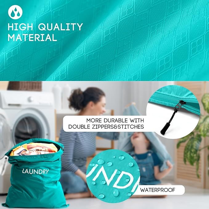 Travel Laundry Bag (2 Pcs - Large + Medium) - Foldable Waterproof Washable Wet Dry Bag for Gym, Swimming, Yoga, and Workout Perfect for Dirty Clothes, Bathing Suits, Travel Accessories (Blue)