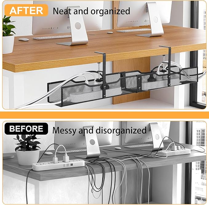No Drill Under Desk Cable Management Tray, Extended-Length Metal Mesh Wire Organizer with Heavy Duty Clamp Mount for Home Office Standing Desk - Damage Free Cord Organization Solution