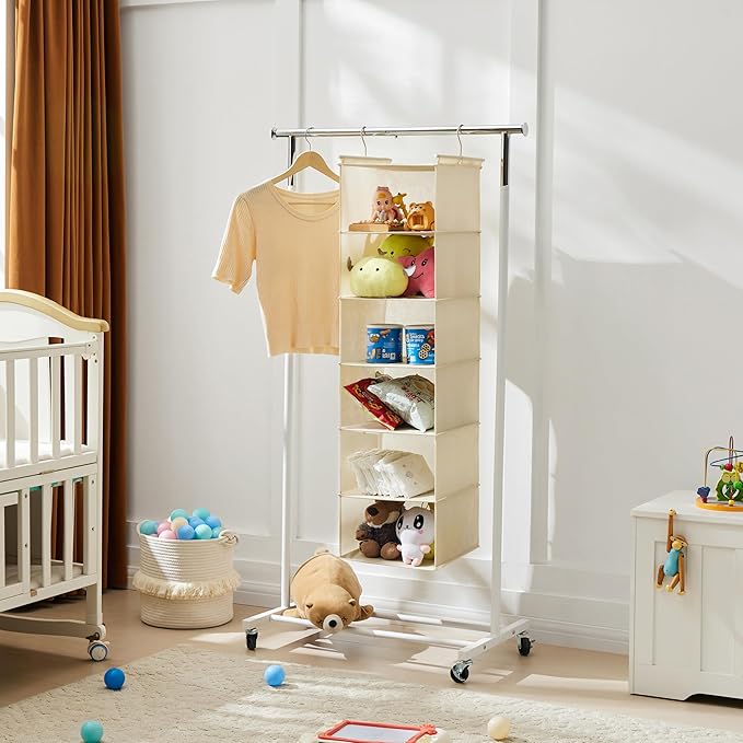 MAX Houser 6 Tier Shelf Hanging Closet Organizer, Cloth Hanging Shelf with 2 Sturdy Hooks for Storage, Foldable (Beige)