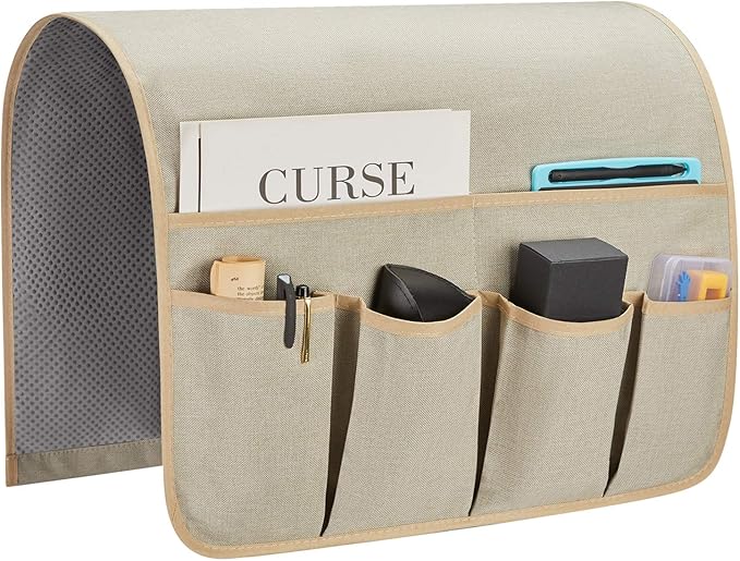 Sofa Armrest Organizer, Remote Control Holder for Recliner Couch, Arm Chair Caddy with 6 Pockets for Magazine, Tablet, Phone, iPad (Beige, W19'' x L33'')