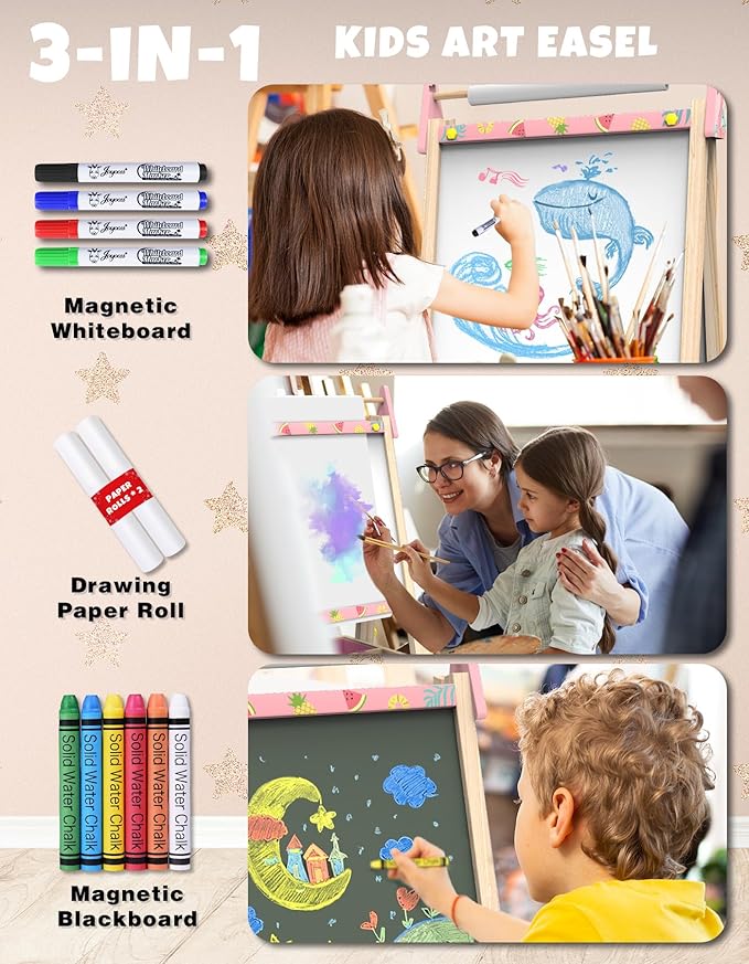 Joyooss Art Easel for Kids Easel for Toddlers, Adjustable Standing Wooden Toddler Easels Kids Board Whiteboard & Chalk Board Kids Dry Erase Board, Art Easel for Kids Easel for Kids