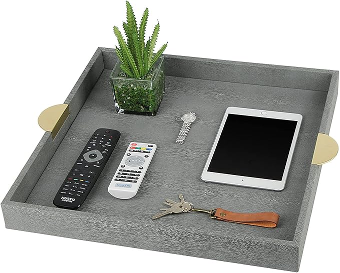 HofferRuffer Faux Leather Decorative Serving Tray, Elegant Coffee Table Ottoman Tray, Breakfast, Drinks, Liquor Serving Platter, Dark Grey Shagreen Finish with Gold Hardware Handle (Square)