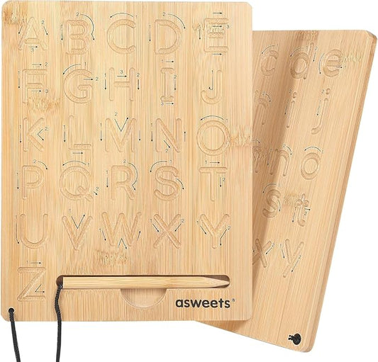 Asweets Montessori Wooden Alphabet Tracing Board, Wood Letter Practicing Board,Double-Sided Boards for Toddlers and Preschool Gifts for Kids(1 Piece)