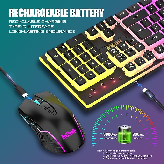 RedThunder K10 Wireless Gaming Keyboard and Mouse Combo, RGB Backlit Rechargeable 3800mAh Battery, Mechanical Feel Anti-ghosting Keyboard with Pudding Keycaps + 7D 3200DPI Mice for PC Gamer (Black)