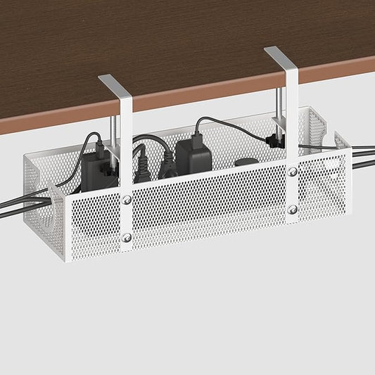 Under Desk Cable Management Tray - No Drill or Screw Mount Option, Heavy Duty Metal Cord Organizer Rack, Power Strip Holder for Office & Home