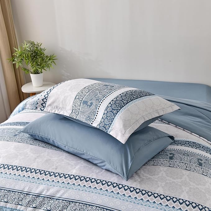 Cottolester Boho Comforter Set Queen Size Light Blue Comforter Set 8 Piece Bed in a Bag Paisley Floral Bedding Sets All Season