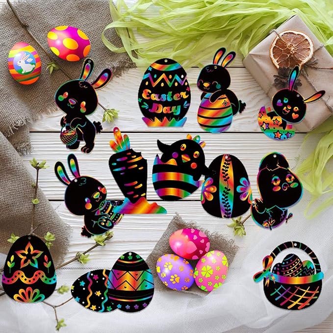 HOWAF 36pcs Easter Scratch Art for Kids Crafts Gift, Easter Egg Rainbow Scratch Art Paper for Kids Easter Drawing DIY Tags Decoration Easter Party Bag Fillers, Easter Egg Bunny Chick Carrot Basket