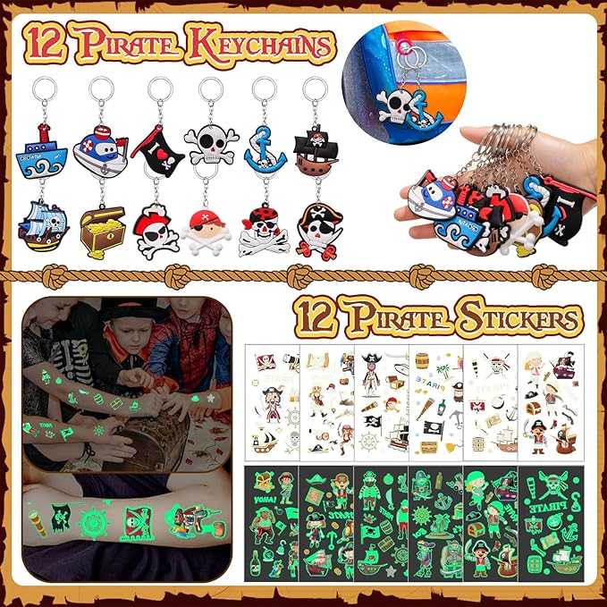 180 Pirate Party Favors Birthday Supplies Straw Gold Coin Gems Sticker Stamp Keychain Slap Bracelet Toy Gift Boy Girl Kid Goodie Bag Stuffer Carnival Prize Decorations Pirate Party Supplies