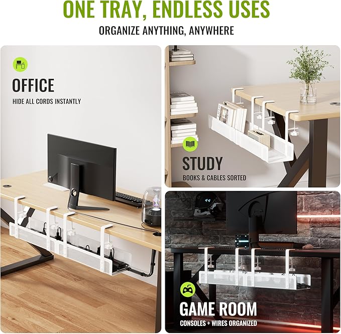 [Upgraded] 2 Pack Cable Management Under Desk Tray, Xpatee 27.6" No Drill Open Slots Cable Management Tray, Cord Wire Organizer Box with Clamp for Table Thickness up to 3" - No Desk Damage(White)