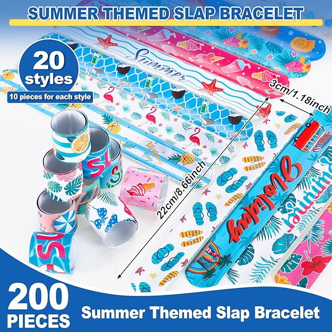 200 Pcs Summer Slap Bracelets Bulk Hawaiian Theme Slap Bracelets Beach Ocean Theme Snap Wristband Tropical Luau Party Favors for Birthday Classroom Prizes Exchanging Gifts