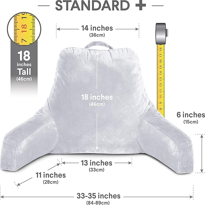 Husband Pillow Light Grey, Original Reading Pillow in Bed Rest Chair, Shredded Memory Foam Large Lounge Cushion Adult Backrest with Arms, Comfy Back Support for Sit Sitting Up, Wash/Removable Cover