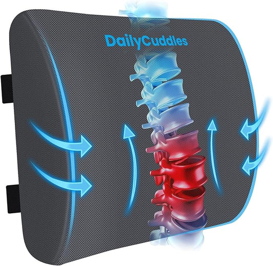 Lumbar Support Pillow for Office Chair Back Support - Memory Foam Lumbar Pillow for Car or Gaming Chair, Ergonomic Back Cushion with Adjustable Strap for Long-Hour Sitting (Grey)