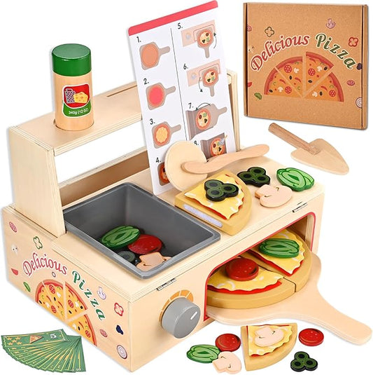 50 Pcs Wooden Pizza Toy, Montessori Pretend Play Toys, Wooden Pizza Counter Playset with Bake Oven, Play Food and Accessories, Cooking Pretend Play Toys for Boys Girls Age 3+