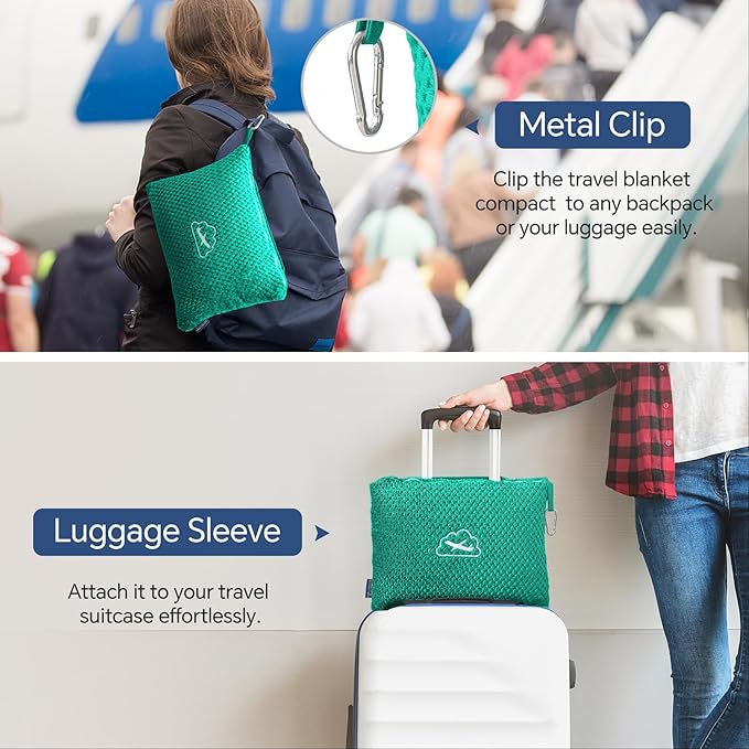 BEDELITE Travel Blanket with Bag, Ultra-Soft Jacquard Fleece Blanket with Luggage Sleeve & Backpack Clip, Airplane Blanket Travel Essentials, Teal