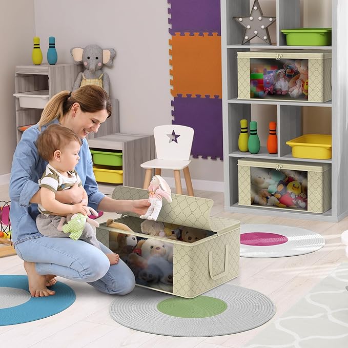 Sorbus Medium Clothes Storage Bags - Foldable Blanket Storage Bins for Organizing Bedroom, Closet, Clothing, Comforter, Organization with Clear Window, Lids and Carry Handles - Set of 6