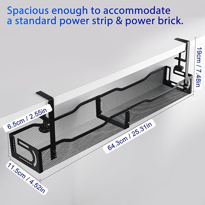 Under Desk Cable Management Box 25.3 Inch – Clamp-Mounted Cable Organizer Tray, Large Cord Management Box for Office & Home, Wire Organizer Under Desk Storage, Black