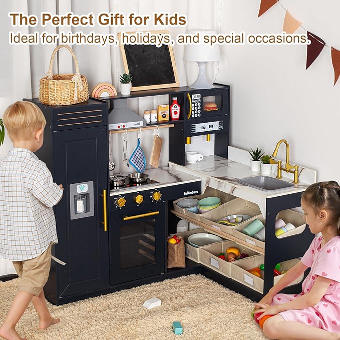 Corner Play Kitchen for Kids Kitchen Playset with Toy Storage System, Wooden Toy Kitchen Set with Plenty of Play Features, Toddler Kitchen Set for Boys and Girls Ages 3+ (Dark Blue)