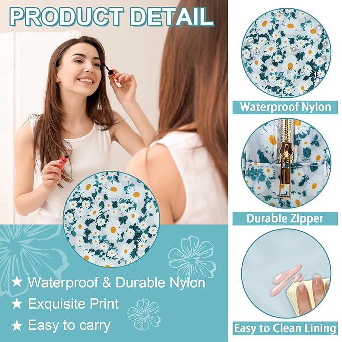 UIXIZQ Waterproof Small Floral Pencil Case Makeup Bag for Purse,Cute Flower Pencil Pouch Preppy Nylon Makeup Brush Holder with Zipper,Girls Portable Storage Case for Work(Slim Green-Daisy)