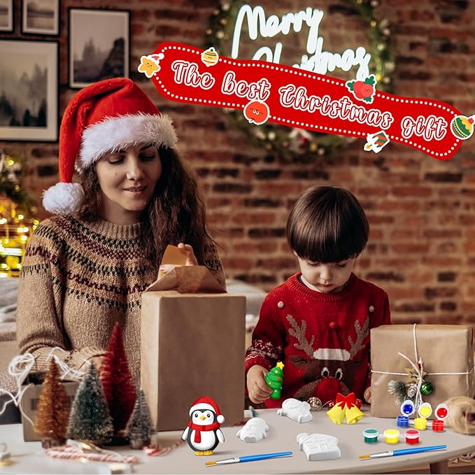 20 Set Christmas DIY Painting Kit Ceramic to Paint Your Own Snowman Santa Xmas Tree Penguin Statues Unpainted Plaster Figurines Brushes Acrylic Paints Bags Party Favor for Kids Adults