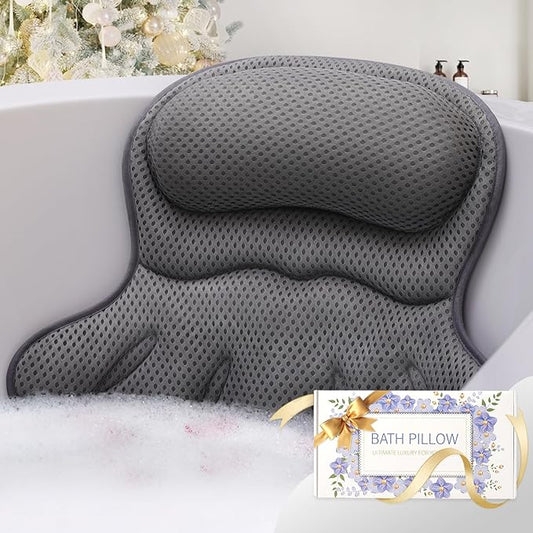 Bath Pillow Luxury Bathtub Pillow, Extra Soft & Comfortable Bath Pillow for Tub Head Neck and Back Support, with 4D Air Mesh Cushions & Non-Slip Suction Cups - Great Bath Gifts (Gray)