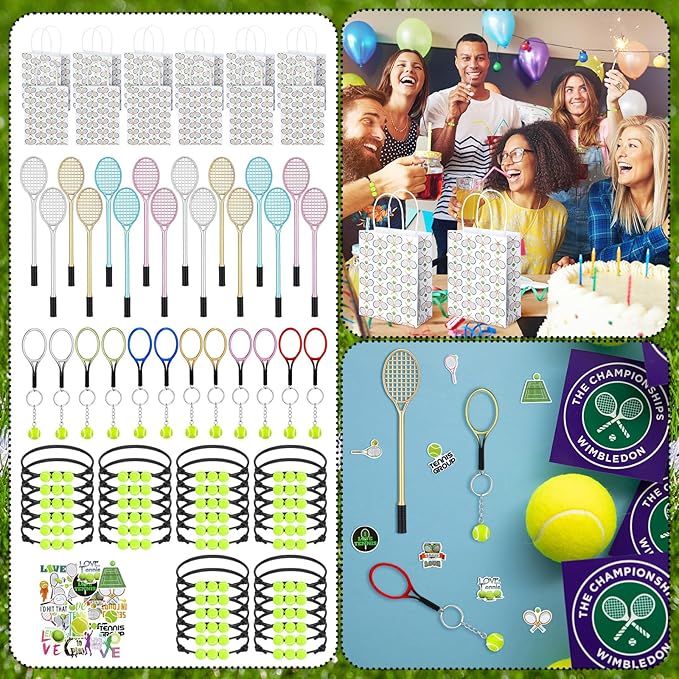 98 Pcs Tennis Party Favors, Tennis Party Decorations Includes 50 Tennis Stickers 12 Mini Tennis Racket Keychain 12 Tennis Charm Bracelets 12 Tennis Racket Shape Pens 12 Party Paper Bags