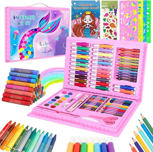 homicozy Art Supplies, Mermaid Drawing & Coloring Set with Crayons, Colored Pencils, Markers, Sketchbook, Watercolor Cakes, Stencils, Arts and Crafts Painting Kit for Kids Ages 4-10, Girls Boys Gift