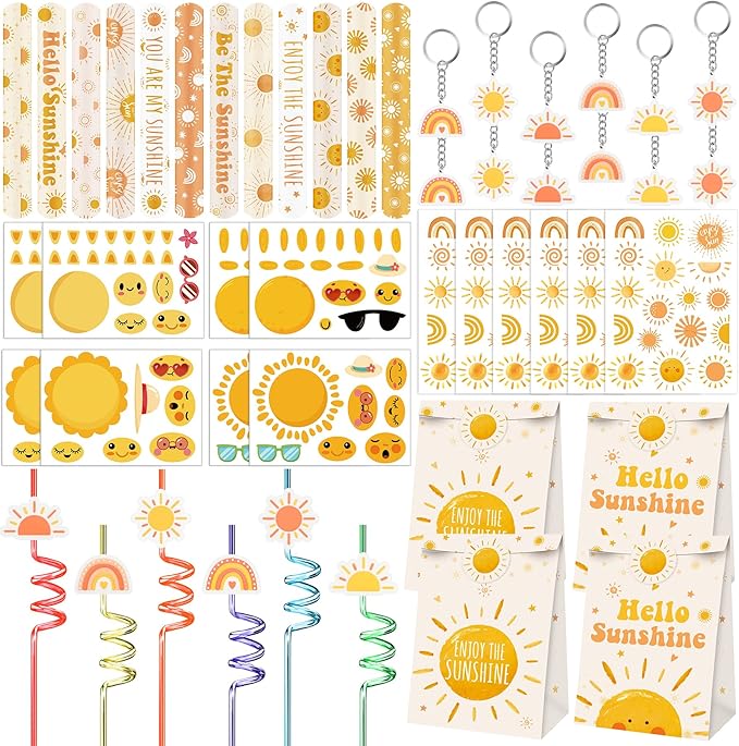 Erweicet Boho Sun Party Favors 72 PCS Sunshine Slap Bracelet Boho Rainbow Temporary Tattoos DIY Stickers Keychain Plastic Straws Gift Bags for Kids Sun Theme Birthday Party Baby Shower
