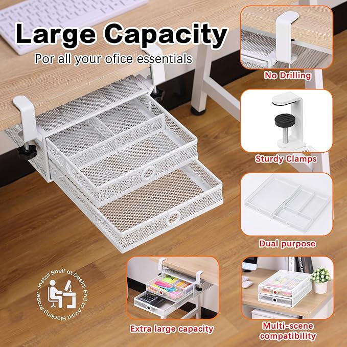 ROSYLINE Under Desk & Desktop Drawer Organizer - 2-Tier Metal Slide Out Drawers Organizer, Storage for Home Office Desk (White)