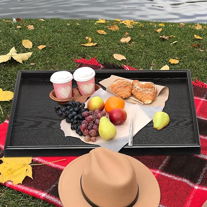 32 x 20 Inches Extra Large Solid Wood Serving Tray for Tea Coffee Table Snack Food Meals Serving Plate Kitchen Party Bar Breakfast Server with Raised Edges Black Wooden Decorative Ottoman Tray