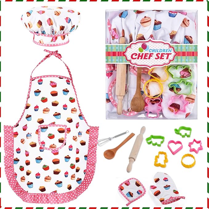 HmiL-U Chef Set for Kids - 13 Pcs Kids Cooking and Baking Set Includes Kids Apron, Chef Hat, Utensils, Cooking Mitt for Kids Chef Role Play Set , Gift for 3 Year Old Girls and up(Cake) …