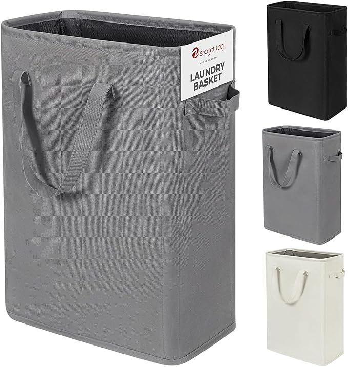 ZERO JET LAG Slim Laundry Hamper With Handles Collapsible Laundry Basket Thin Dirty Clothes Basket Narrow Laundry Bag Foldable Dirty Cloth Hamper 45L (23 inches,Grey)