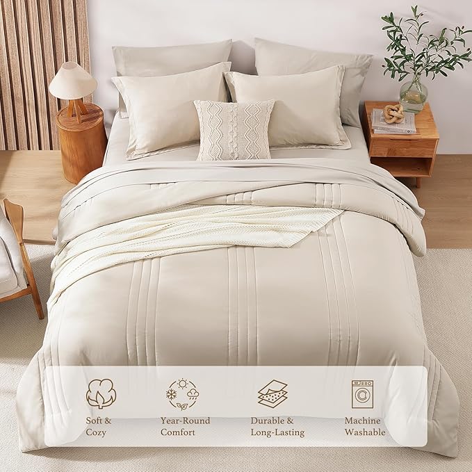 Monbix Oversized Queen Comforter Set - 7 Pieces Apricot Beige Bed in a Bag Oversized Queen Bedding Sets with Comforters, All Seasons Comforter Bed Set with Sheets,Pillowcases & Shams