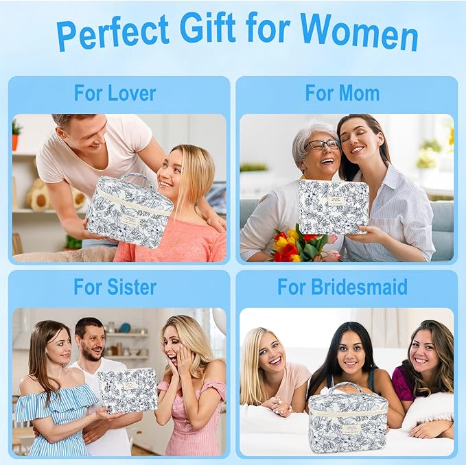 URSKYTOUS 3Pcs Cotton Quilted Makeup Bag for Women Girls Large Small Travel Black Floral Cosmetic Bags Set Cute Coquette Makeup Pouch for Purse Aesthetic Cloth Flower Storage Toiletry Bag Organizer