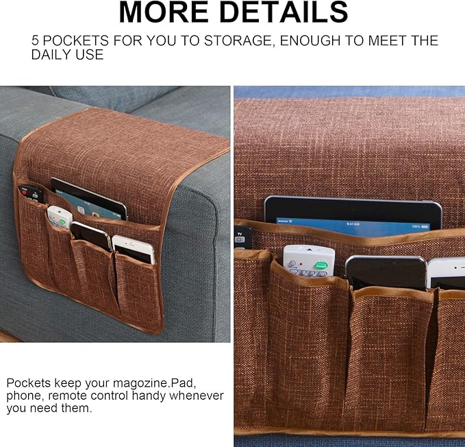 Sofa Armrest Organizer,Non-Slip Remote Control Holders for Recliner Couch,Chair Armchair Caddy with 5 Pockets for Table,Cell Phone,Ipad,Magazines,Books (13x35In, Coffee)